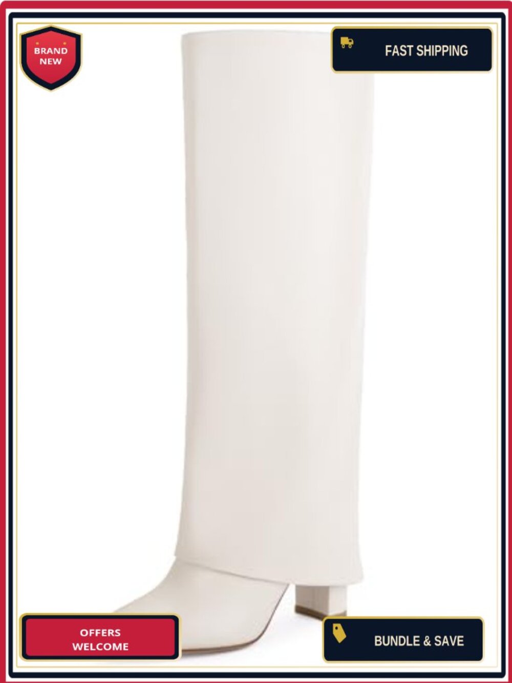 Women's Fold Over Knee High Boots Chunky Heel Faux Leather Side Zipper